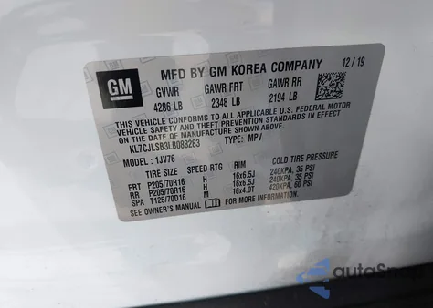 2020 Chevrolet Trax Fwd Lt z USA, uszkodzony, nr VIN KL7CJLSB3LB088283